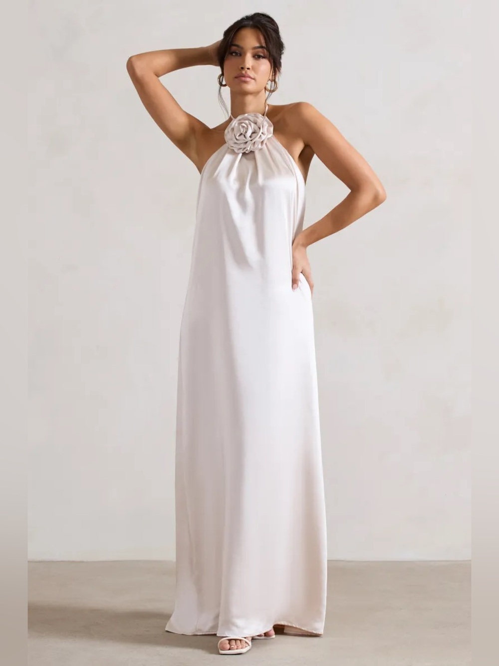 Satin Halter Chemise with Rosette Neckline - Cream